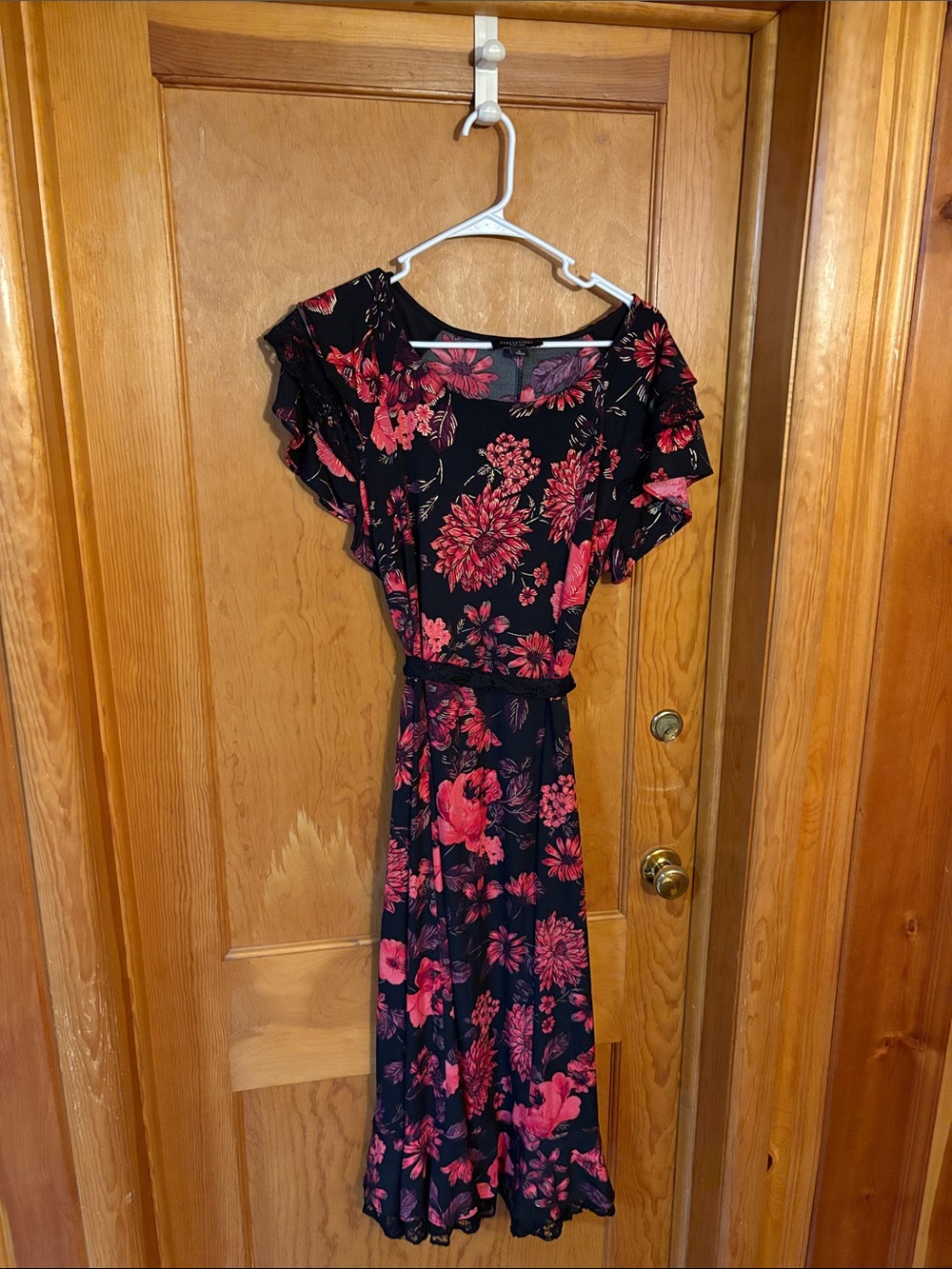 Perceptions Black Midi Dress with Pink Floral Print and Ruffled Sleeves